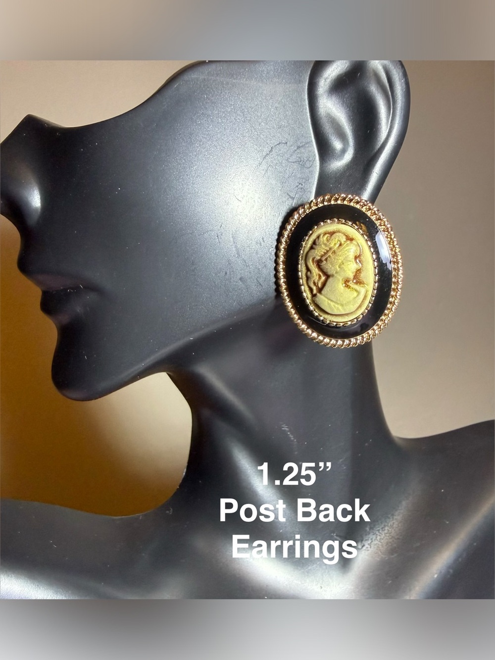 Gold and Black Cameo Post-Back Earrings